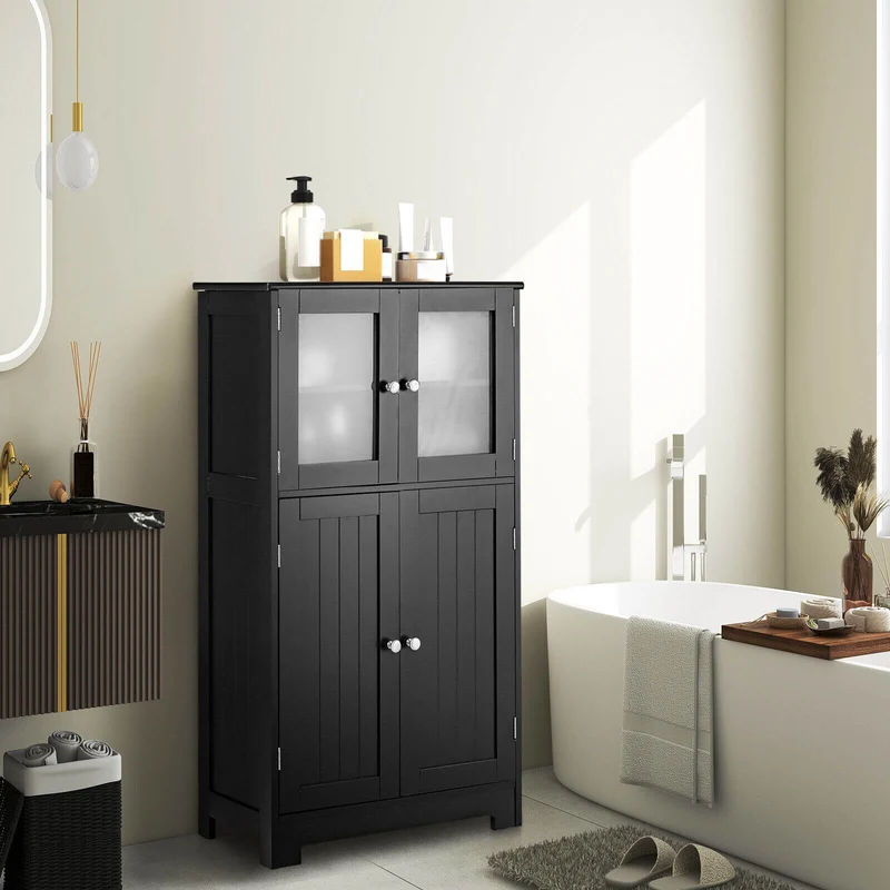 Bathroom Floor Storage Cabinet With Doors, Adjustable Shelf, Black