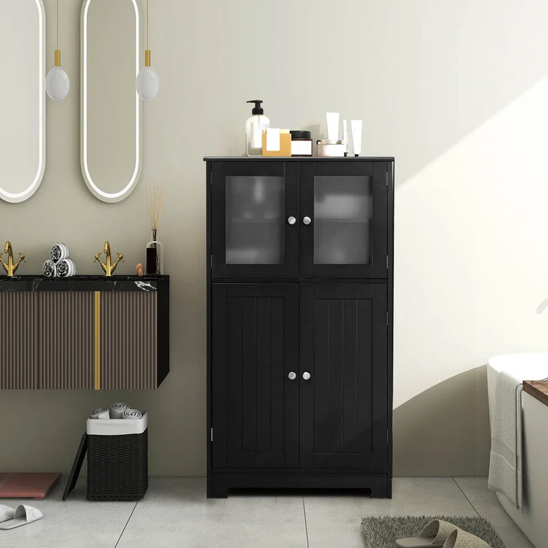 Bathroom Floor Storage Cabinet With Doors, Adjustable Shelf, Black