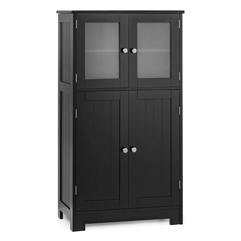 Bathroom Floor Storage Cabinet With Doors, Adjustable Shelf, Black