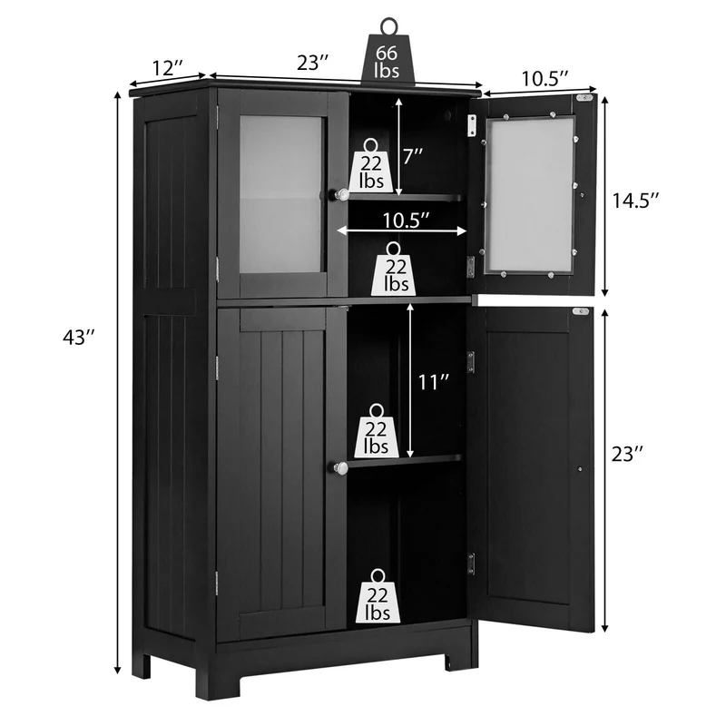 Bathroom Floor Storage Cabinet With Doors, Adjustable Shelf, Black