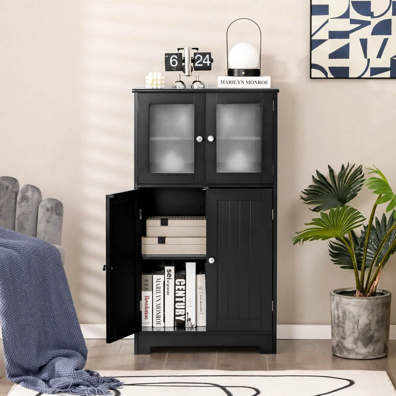 Bathroom Floor Storage Cabinet With Doors, Adjustable Shelf, Black