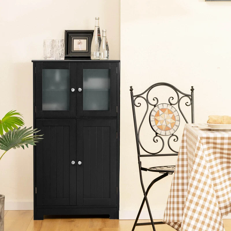 Bathroom Floor Storage Cabinet With Doors, Adjustable Shelf, Black