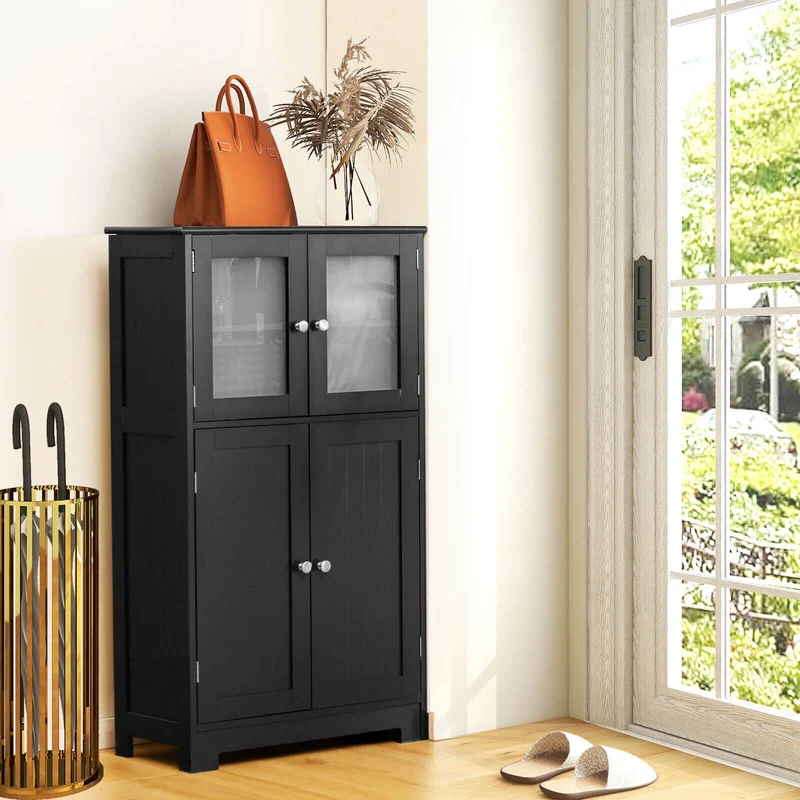 Bathroom Floor Storage Cabinet With Doors, Adjustable Shelf, Black