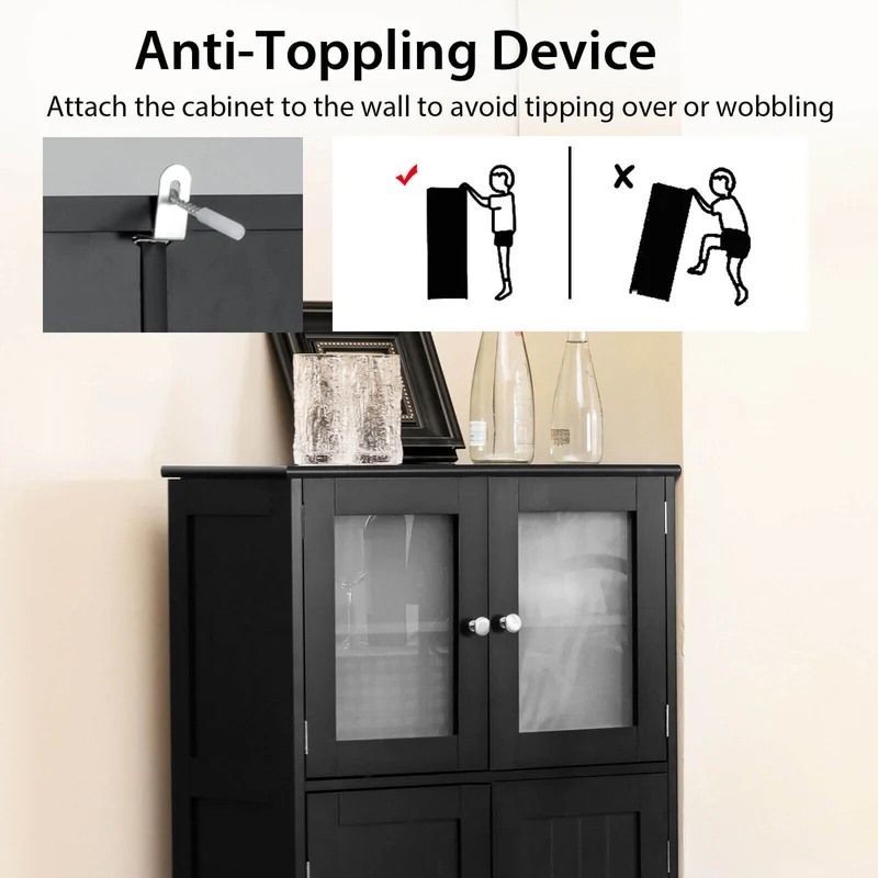Bathroom Floor Storage Cabinet With Doors, Adjustable Shelf, Black