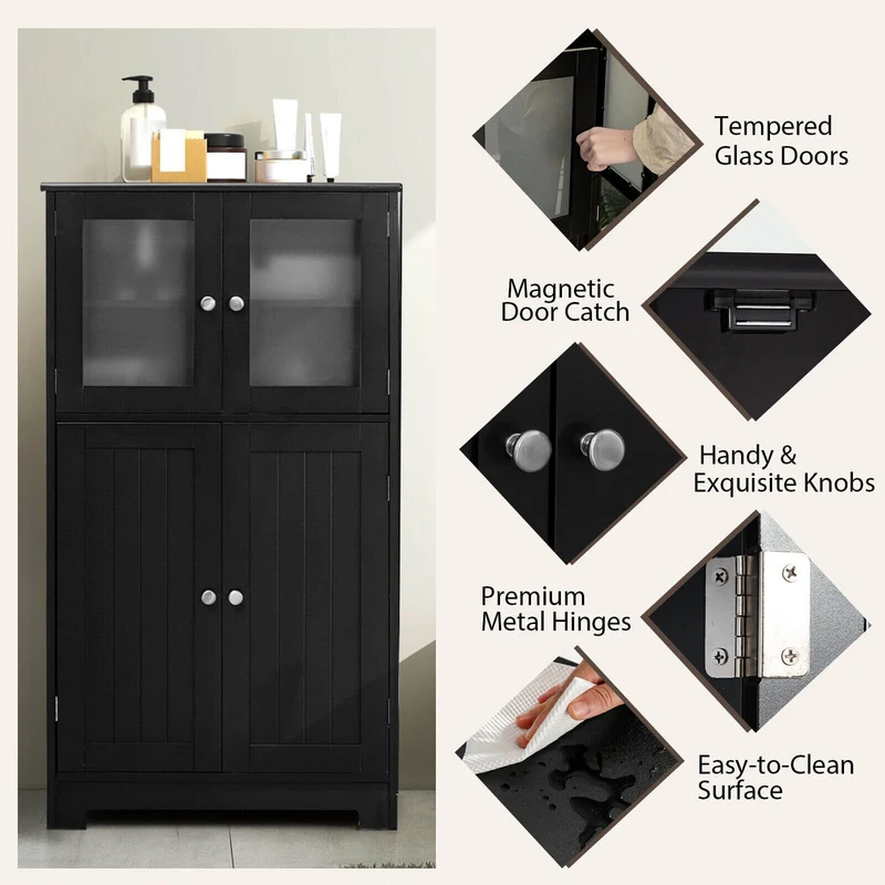 Bathroom Floor Storage Cabinet With Doors, Adjustable Shelf, Black