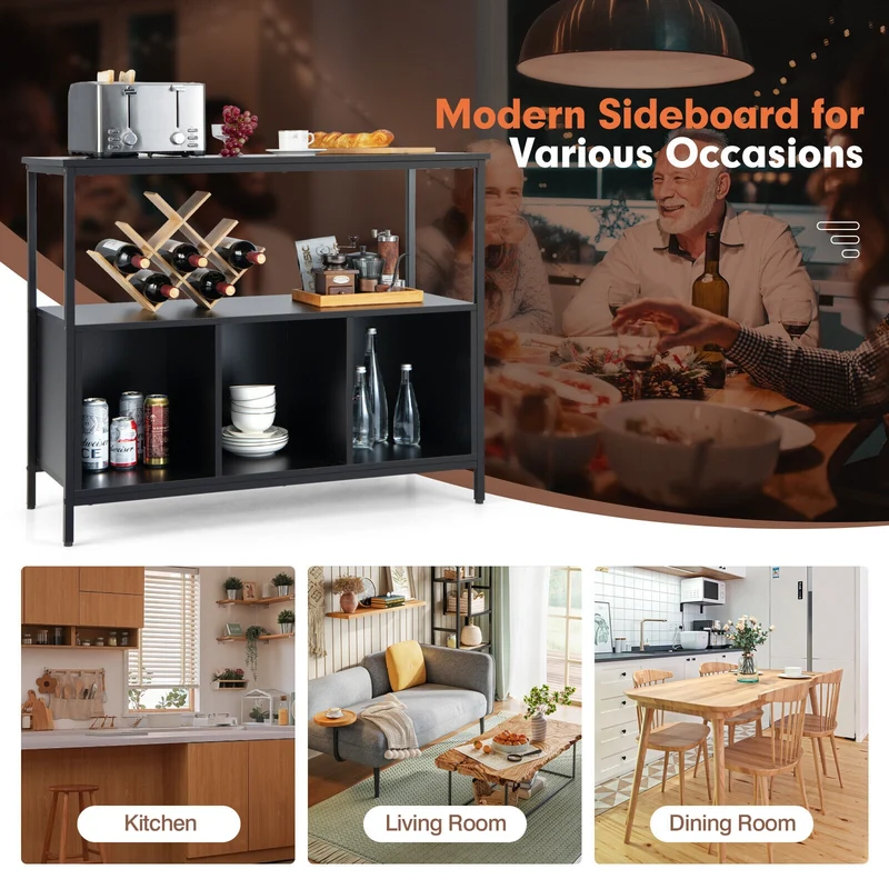 Modern Kitchen Buffet Sideboard, 3 Compartments, Black