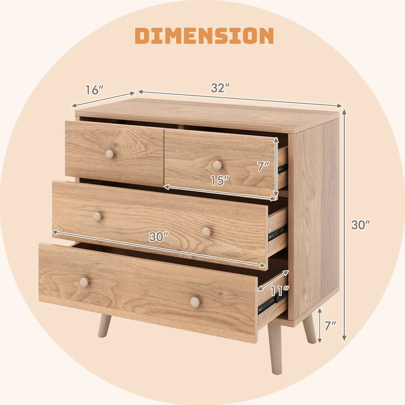 4-Drawer Dresser Cabinet Storage Organizer, Natural