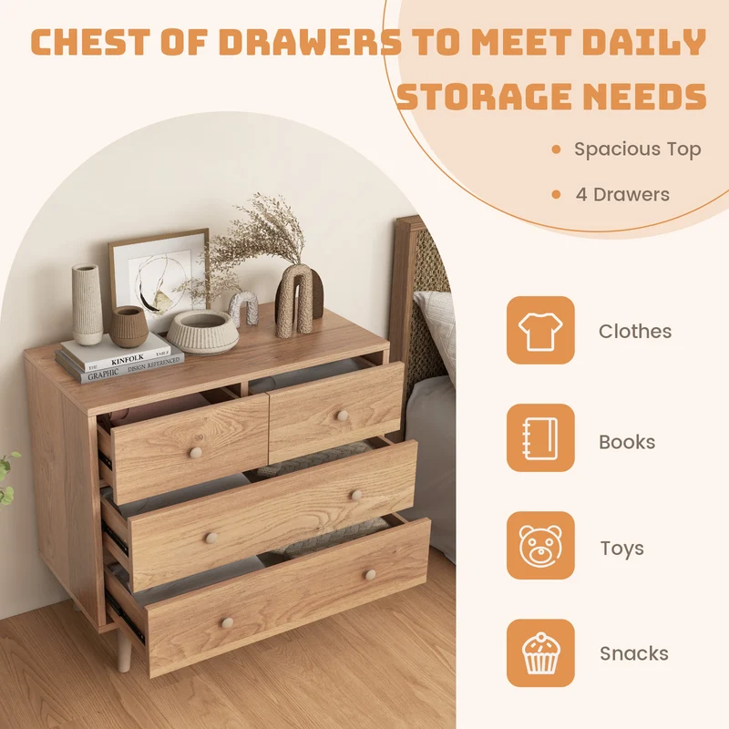 4-Drawer Dresser Cabinet Storage Organizer, Natural