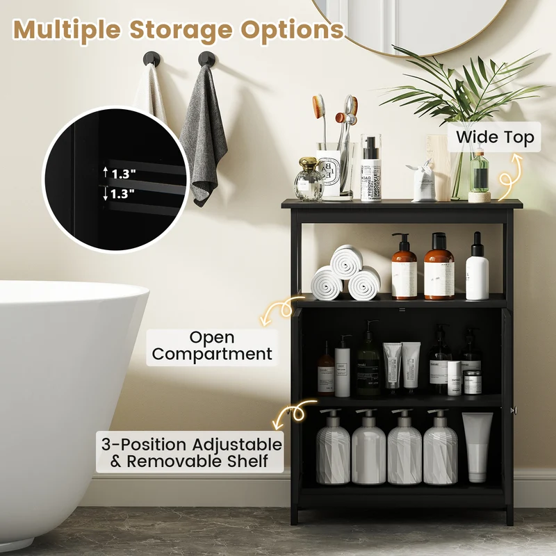 Freestanding Bathroom Floor Cabinet, Storage Organizer, Black