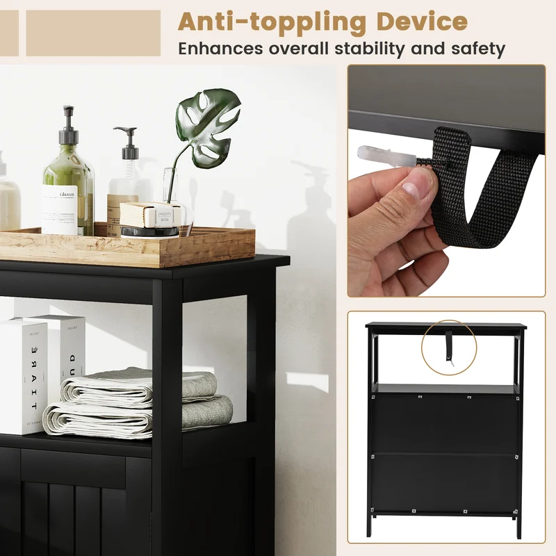 Freestanding Bathroom Floor Cabinet, Storage Organizer, Black