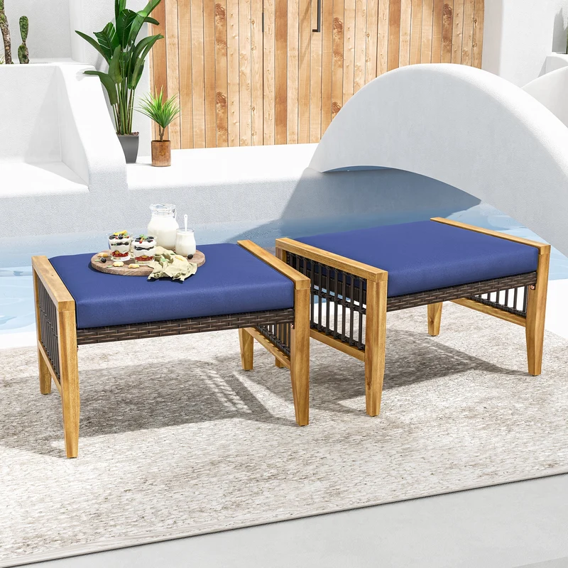 Acacia Wood Ottoman With Cushions, Rattan Woven Footstool, Navy