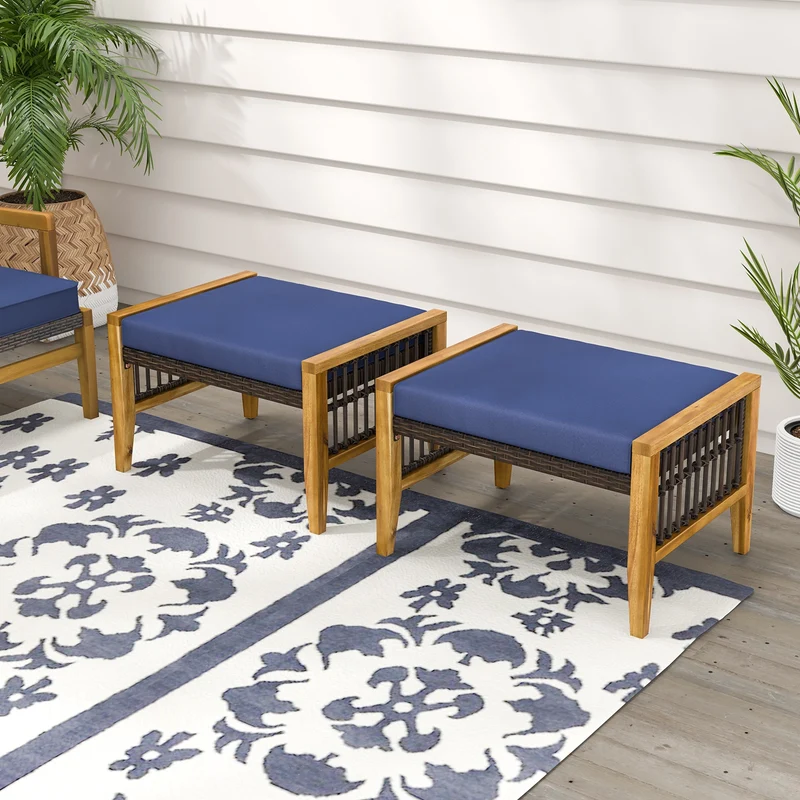 Acacia Wood Ottoman With Cushions, Rattan Woven Footstool, Navy