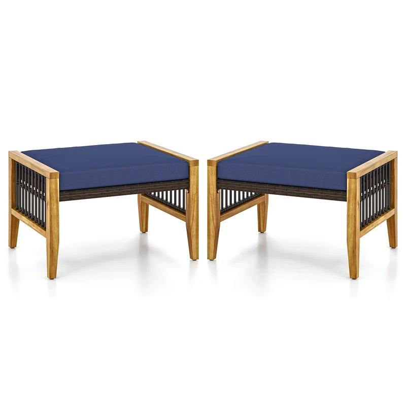 Acacia Wood Ottoman With Cushions, Rattan Woven Footstool, Navy