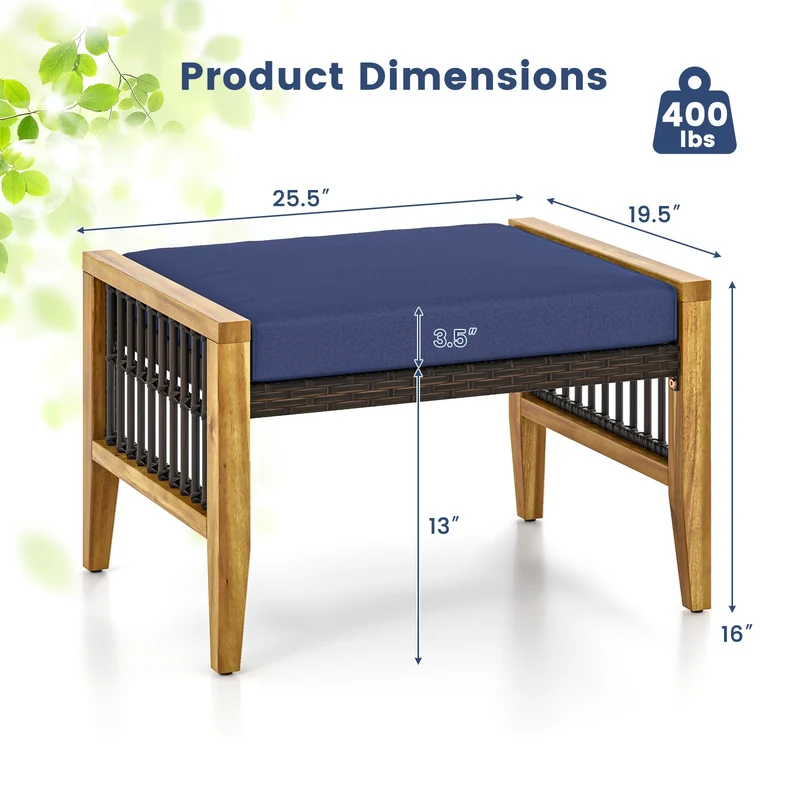 Acacia Wood Ottoman With Cushions, Rattan Woven Footstool, Navy