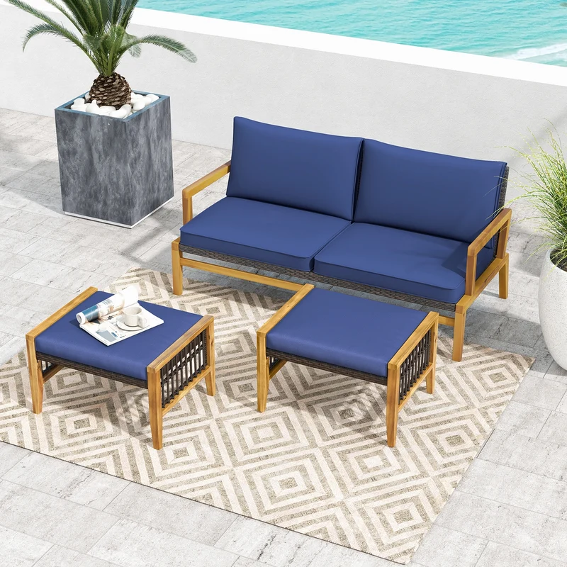 Acacia Wood Ottoman With Cushions, Rattan Woven Footstool, Navy