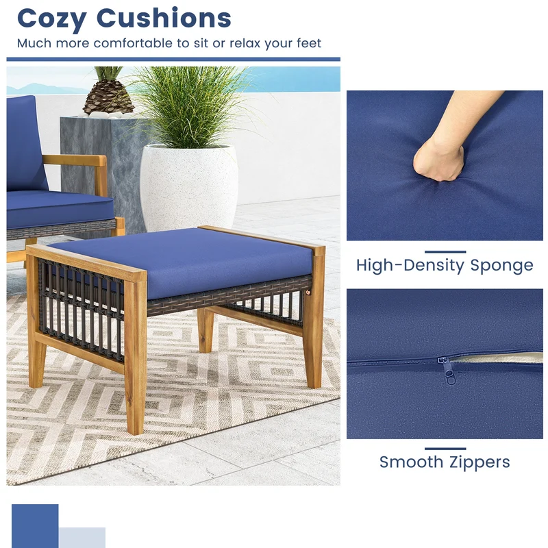 Acacia Wood Ottoman With Cushions, Rattan Woven Footstool, Navy