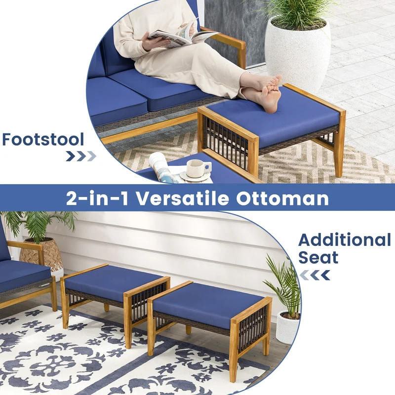 Acacia Wood Ottoman With Cushions, Rattan Woven Footstool, Navy