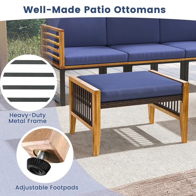 Acacia Wood Ottoman With Cushions, Rattan Woven Footstool, Navy