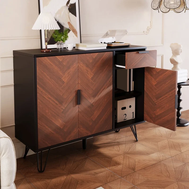 Storage Cabinet with Drawer, Adjustable Shelves, 35.5" L x 11.5" W x 28.5" H, Black+Wood