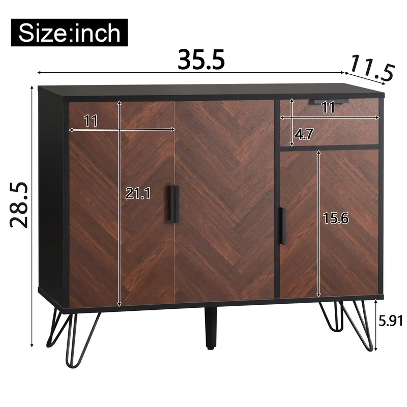 Storage Cabinet with Drawer, Adjustable Shelves, 35.5" L x 11.5" W x 28.5" H, Black+Wood