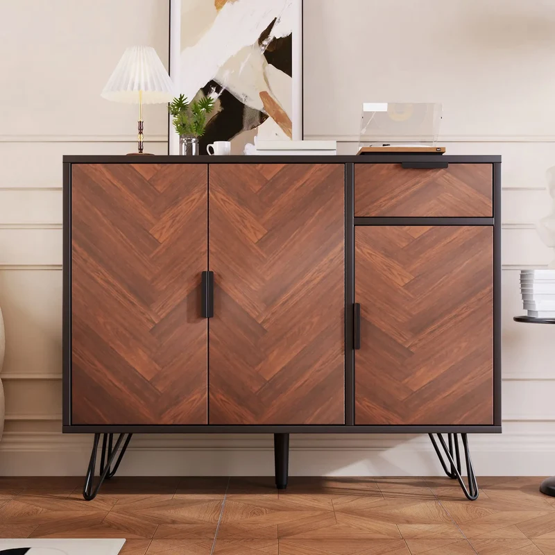 Storage Cabinet with Drawer, Adjustable Shelves, 35.5" L x 11.5" W x 28.5" H, Black+Wood