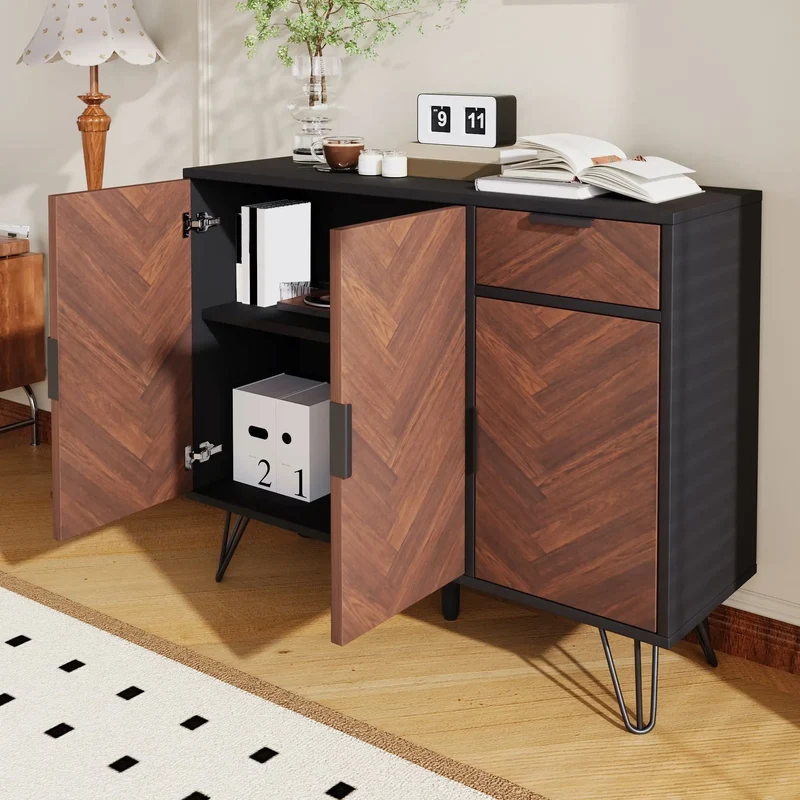 Storage Cabinet with Drawer, Adjustable Shelves, 35.5" L x 11.5" W x 28.5" H, Black+Wood
