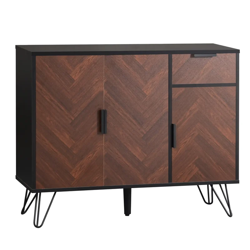 Storage Cabinet with Drawer, Adjustable Shelves, 35.5" L x 11.5" W x 28.5" H, Black+Wood