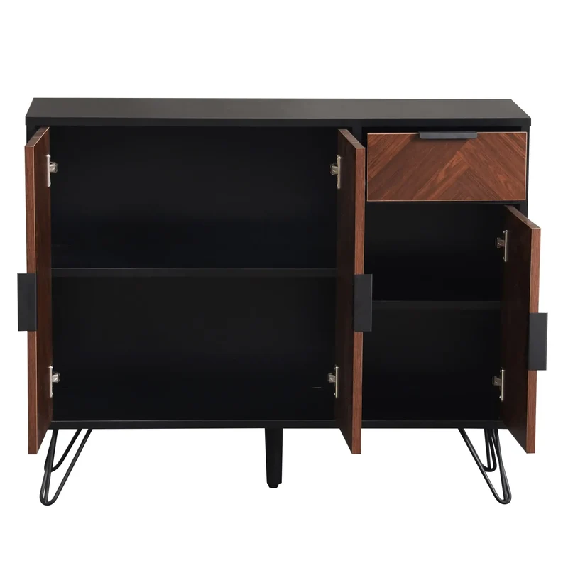Storage Cabinet with Drawer, Adjustable Shelves, 35.5" L x 11.5" W x 28.5" H, Black+Wood