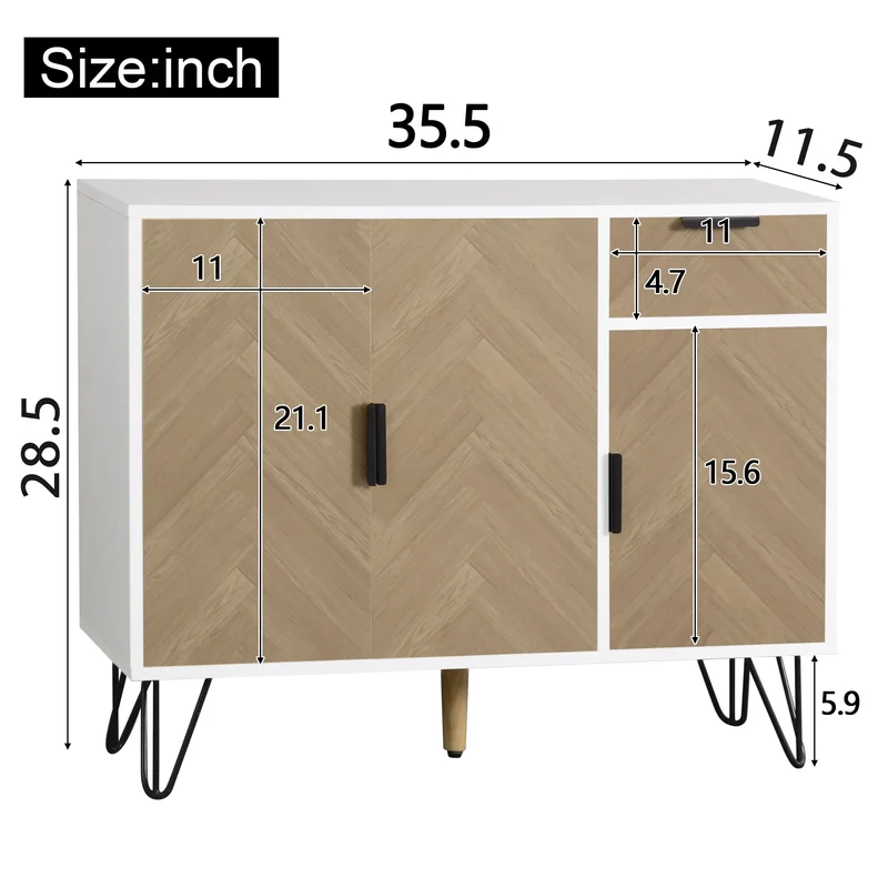 Storage Cabinet with Drawer, Adjustable Shelves, 35.5" L x 11.5" W x 28.5" H, White+Wood