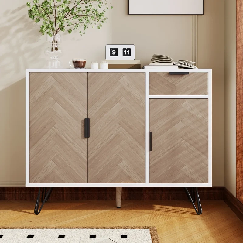 Storage Cabinet with Drawer, Adjustable Shelves, 35.5" L x 11.5" W x 28.5" H, White+Wood