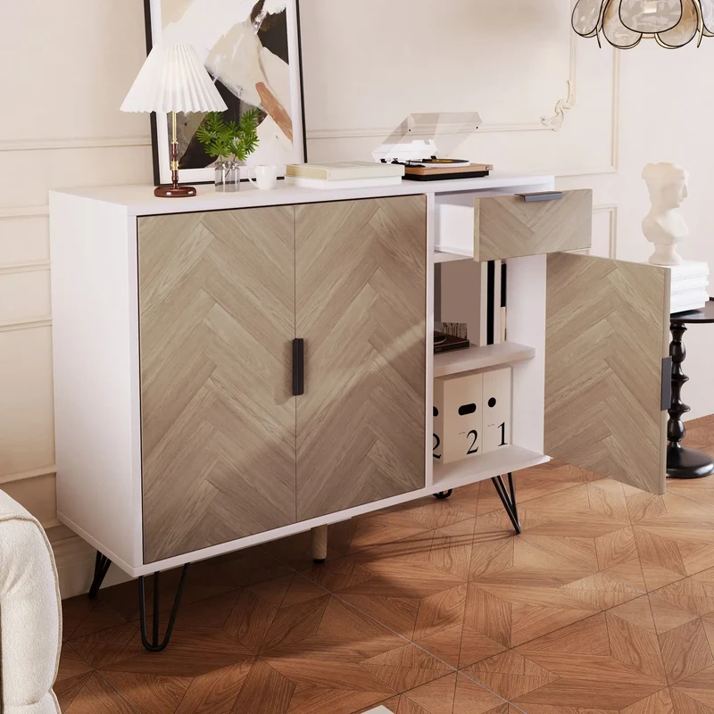 Storage Cabinet with Drawer, Adjustable Shelves, 35.5" L x 11.5" W x 28.5" H, White+Wood