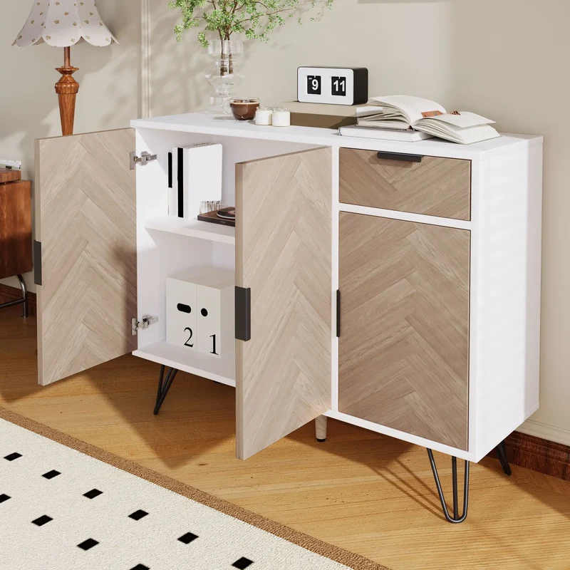 Storage Cabinet with Drawer, Adjustable Shelves, 35.5" L x 11.5" W x 28.5" H, White+Wood