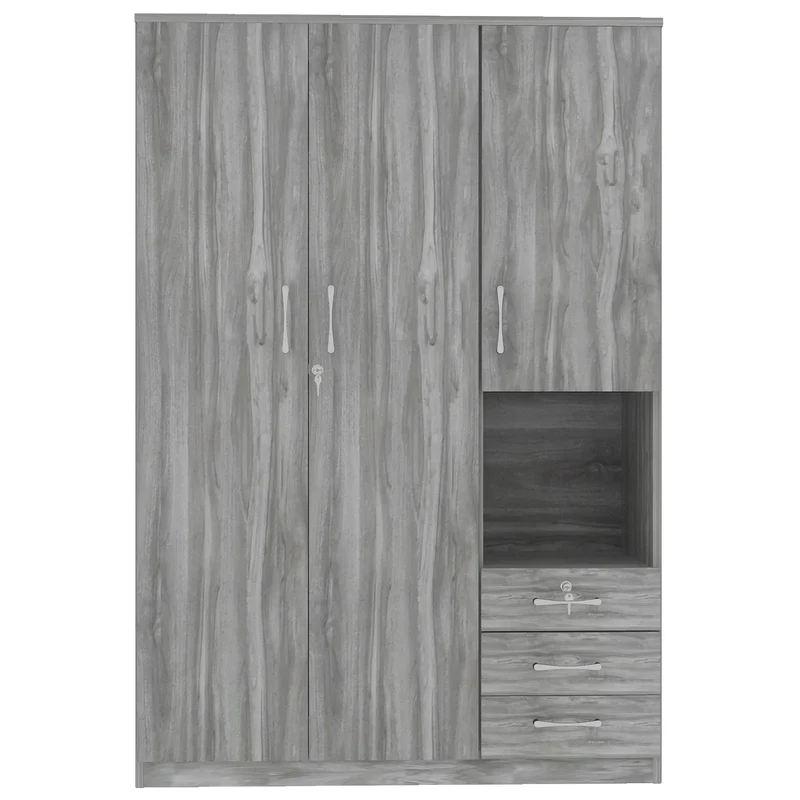Wooden Wardrobe with Shelves, 3 Drawers, Hanging Rod, 47" L x 20" W x 69" H, Grey