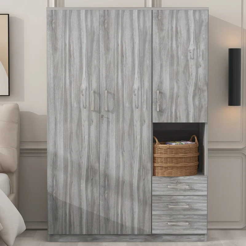 Wooden Wardrobe with Shelves, 3 Drawers, Hanging Rod, 47" L x 20" W x 69" H, Grey