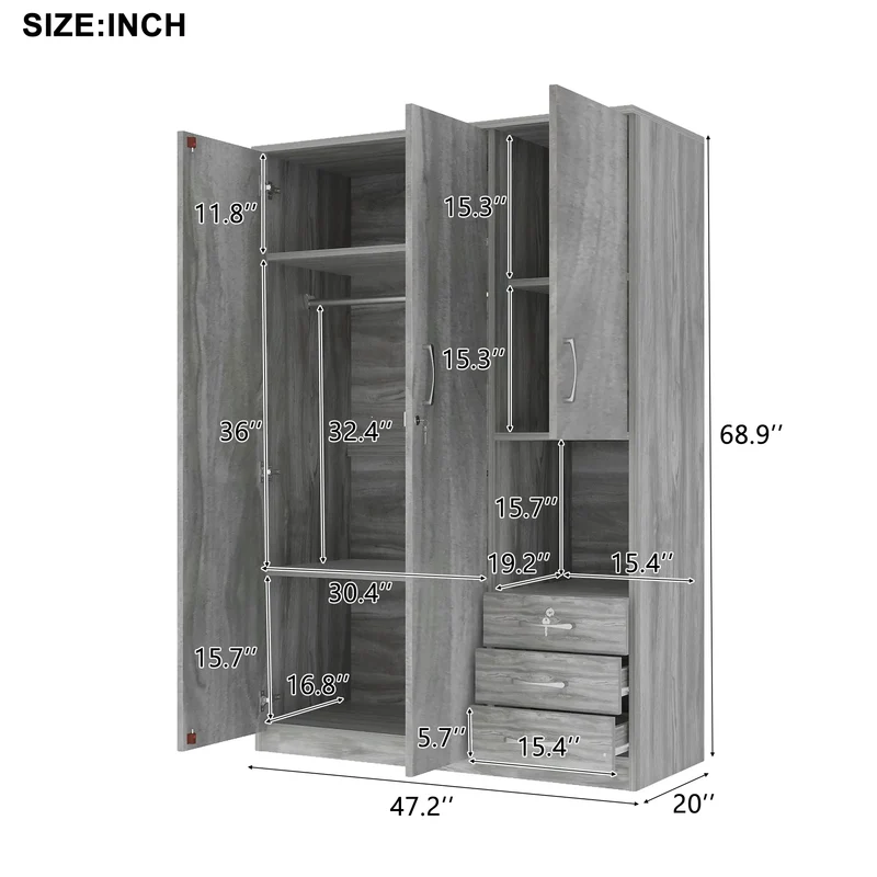 Wooden Wardrobe with Shelves, 3 Drawers, Hanging Rod, 47" L x 20" W x 69" H, Grey
