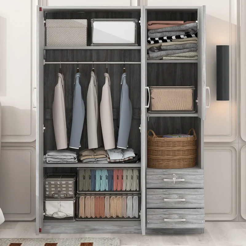 Wooden Wardrobe with Shelves, 3 Drawers, Hanging Rod, 47" L x 20" W x 69" H, Grey