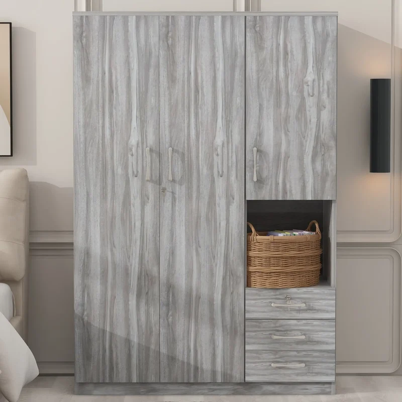 Wooden Wardrobe with Shelves, 3 Drawers, Hanging Rod, 47" L x 20" W x 69" H, Grey