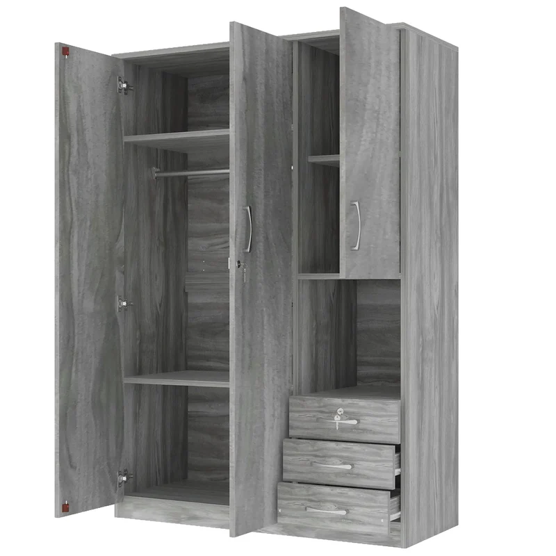 Wooden Wardrobe with Shelves, 3 Drawers, Hanging Rod, 47" L x 20" W x 69" H, Grey