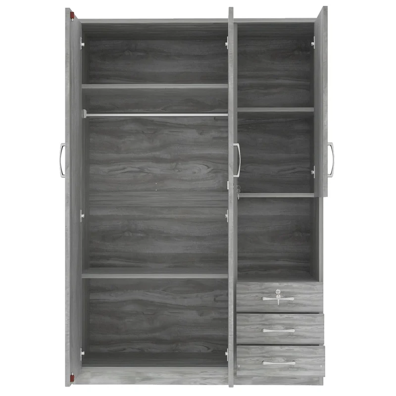 Wooden Wardrobe with Shelves, 3 Drawers, Hanging Rod, 47" L x 20" W x 69" H, Grey