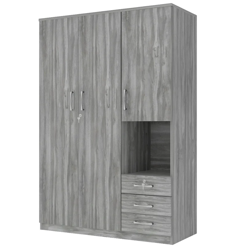 Wooden Wardrobe with Shelves, 3 Drawers, Hanging Rod, 47" L x 20" W x 69" H, Grey