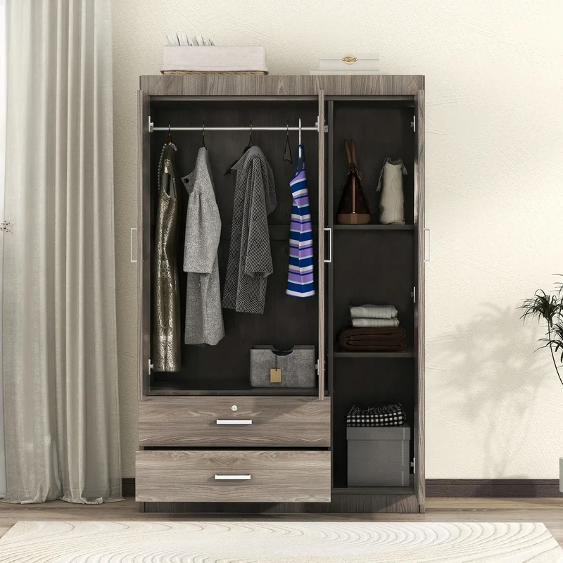 Modern Wardrobe, 2 Drawers, MDF, Hanging Rail, 41.5" L x 18.5" W x 68" H, Grey