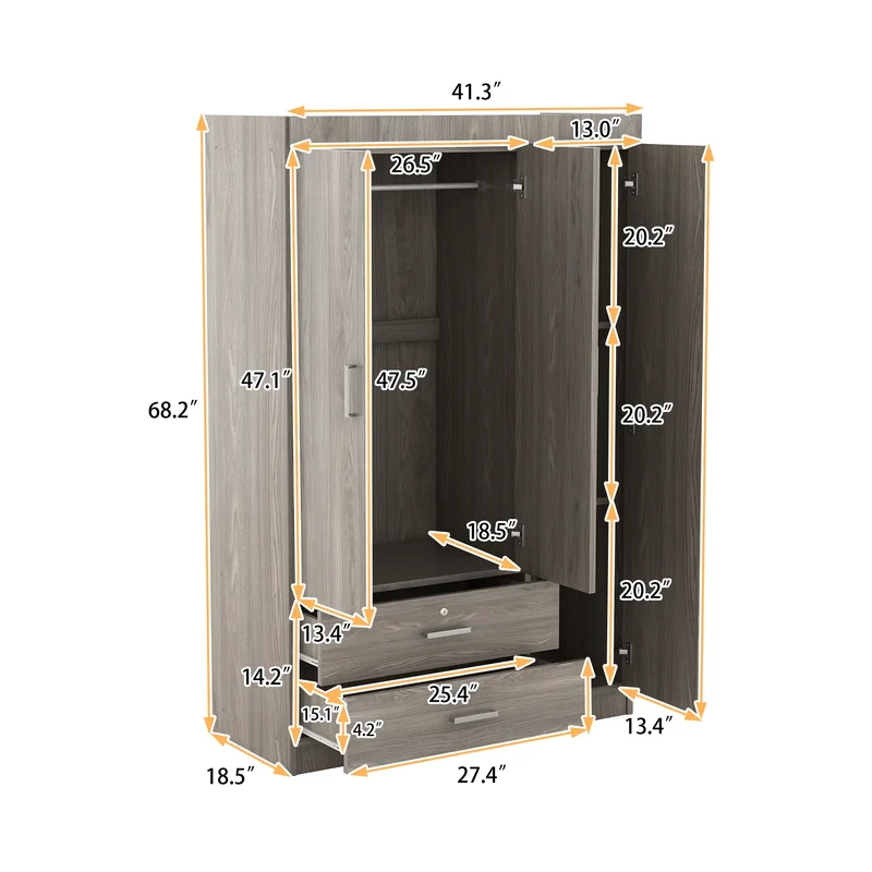 Modern Wardrobe, 2 Drawers, MDF, Hanging Rail, 41.5" L x 18.5" W x 68" H, Grey