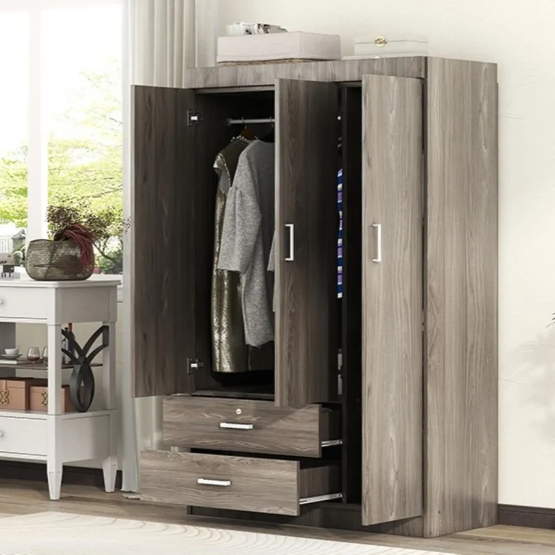 Modern Wardrobe, 2 Drawers, MDF, Hanging Rail, 41.5" L x 18.5" W x 68" H, Grey