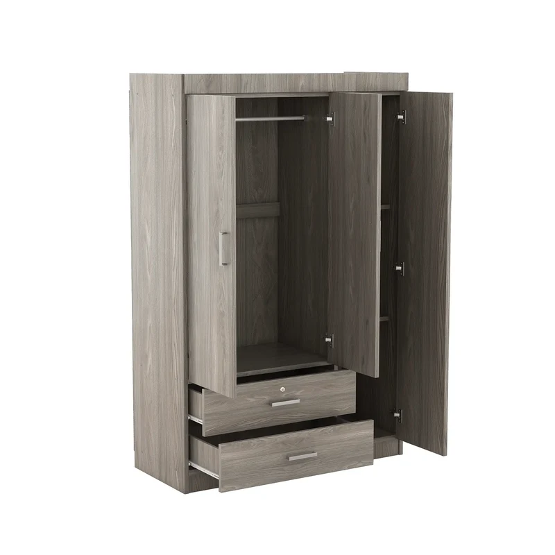 Modern Wardrobe, 2 Drawers, MDF, Hanging Rail, 41.5" L x 18.5" W x 68" H, Grey