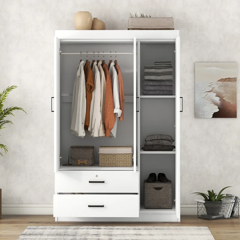 Modern Wardrobe, 2 Drawers, MDF Construction, 41.5" L x 18.5" W x 68" H, White