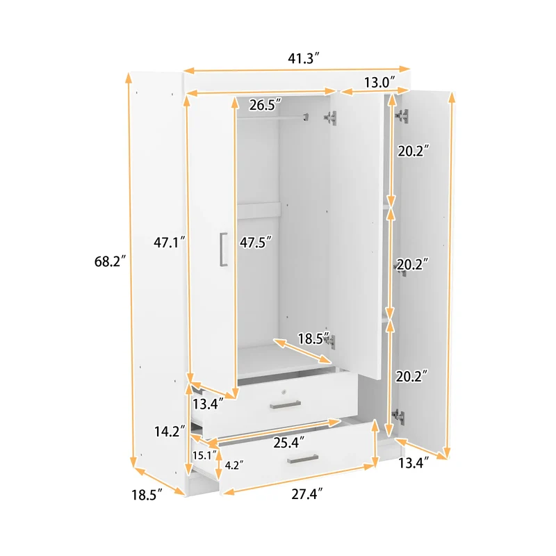 Modern Wardrobe, 2 Drawers, MDF Construction, 41.5" L x 18.5" W x 68" H, White