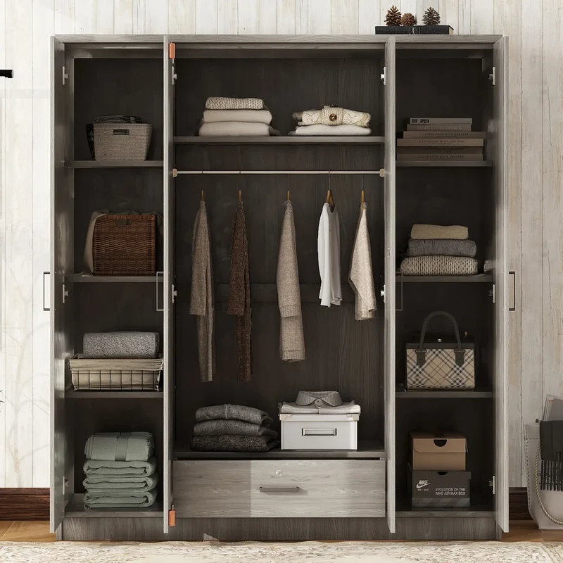 Wardrobe with Hanging Rail, Locking Drawer, Black Handles, 59" L x 20" W x 68" H, Grey