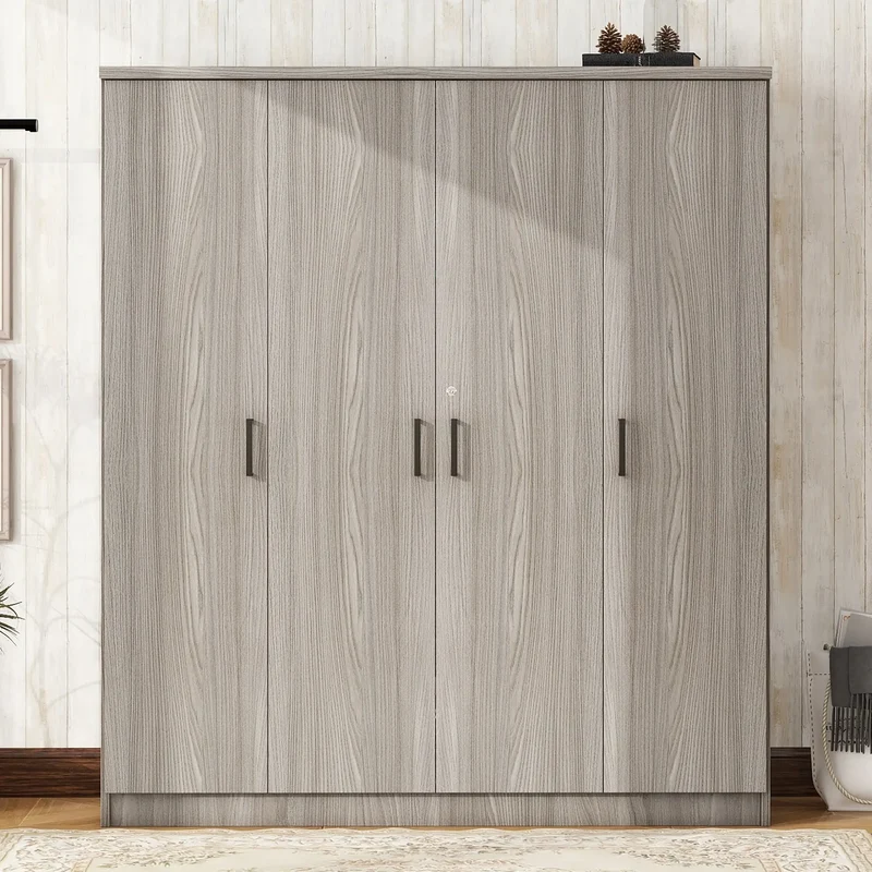 Wardrobe with Hanging Rail, Locking Drawer, Black Handles, 59" L x 20" W x 68" H, Grey