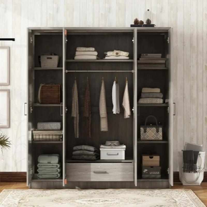 Wardrobe with Hanging Rail, Locking Drawer, Black Handles, 59" L x 20" W x 68" H, Grey