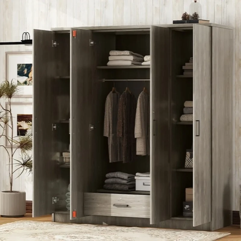 Wardrobe with Hanging Rail, Locking Drawer, Black Handles, 59" L x 20" W x 68" H, Grey
